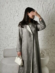 Yasmyna Women's Grey Woven Jacquard Single Lapel Contrast Color Long Sleeve Abaya - Grey - View 12