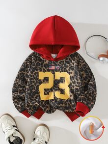 SHEIN 兒童小女孩數位印花對比色豹紋休閒寬鬆長袖連帽秋季衛衣 - 彩色 - 查看 3