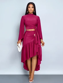 SOLERSUN Women's Mock Neck Wrap Tie Flare Sleeve Top & High Waist Ruched Asymmetrical Slit Mermaid Maxi Skirt Two Pieces Set - Burgundy - View 1