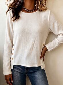 SHEIN LUNE Women's Solid Color Round Neck Long Sleeve Button Decor T-Shirt - Army Green - View 3