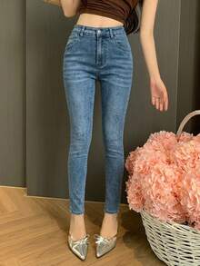 DAZY Fall Korean Style High Waist Blue Washed Distressed Slim Fit Pencil Cropped Jeans For Women Everyday Work Casual - Blue - View 10