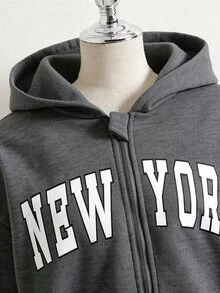 SHEIN 秋冬季青少年女孩英文印花連帽拉鍊外套，撞色字母印花街頭風圖案針織面料校園深灰色 - 深灰色 - 查看 3