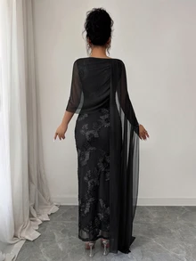 SHEIN Raffinéa 網紗花卉修身披肩洋裝，女款夏季派對晚禮服 - 黑色 - 查看 2