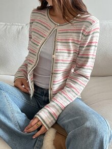 DAZY Women's Colorful Striped Loose Long Sleeve Round Neck Casual Vacation Korean Style Autumn/Winter Knit Cardigan - Pink - View 4