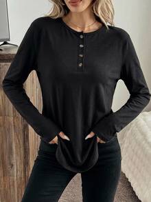 Easowa Pure Black Solid Color Cotton Button Front Long Sleeve T-Shirt Women's Top, - Black - View 2