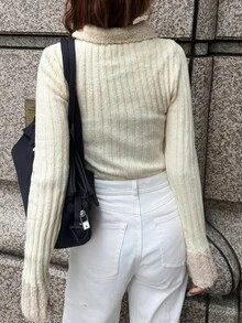 FRIFUL Women's Cream Casual French Cute Everyday Long-Sleeved Sweater Everyday Fall Brunch Date Work Winter - Apricot - View 4