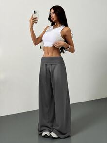 SHEIN Tall CURVE 大尺碼高腰灰色針織抓絨抽繩寬鬆運動褲，適合冬季畢業季、返校季、畢業典禮、教師穿搭等場合，秋季女款寬腿舒適運動長褲 - 深灰色 - 查看 3
