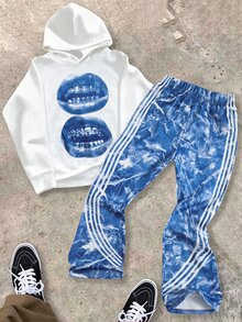 SHEIN Teen Boy Lips Print Hoodie & Plants Print Contrast Striped Side Sweatpants Set - Multicolor - View 5