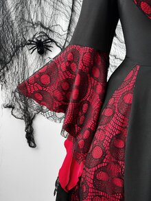 Whyspr Plus Size Black & Red Heart Lace Twist Knot Flare Sleeve A-Line Short Dress, Gothic Contrast Patchwork Waist-Cinched Slimming Dress - Black - View 7