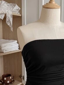 Comfortcana Plus Size Sleeveless Bandeau Split Pleated Solid Color Women's Top - Black - View 3