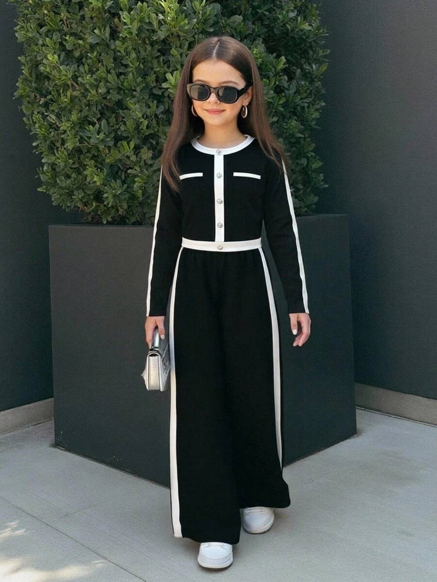 Firerie Kids Tween Girl Colorblock Long Sleeve T-Shirt And Pants Casual Daily Outfit Set - Black - View 1