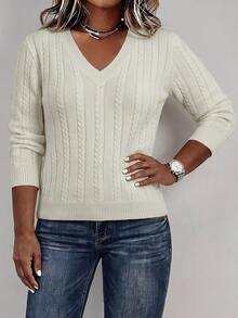 Linhara CURVE Plus Size Women's Autumn/Winter Solid Color V-Neck Long Sleeve Cable Knit Versatile Pullover Sweater - Light Yellow - View 6