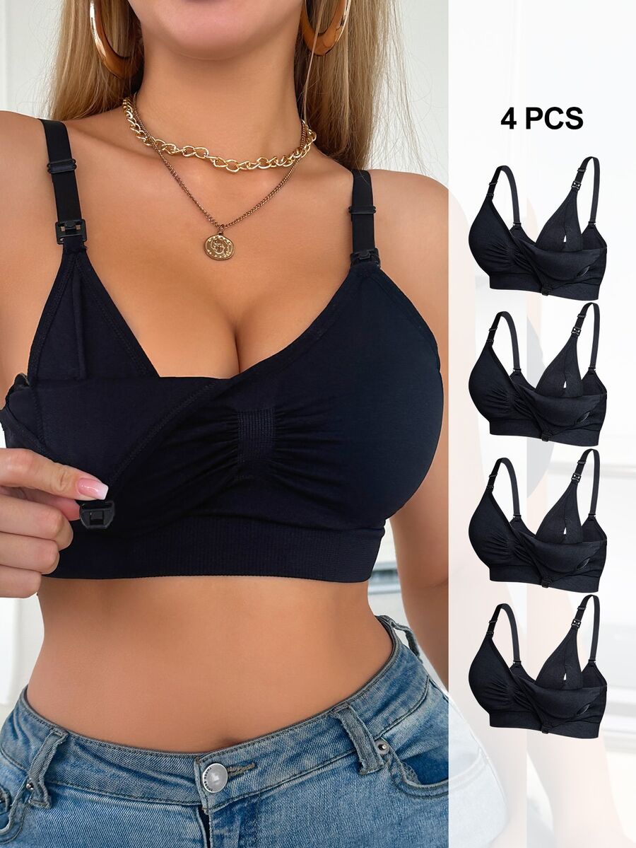 Moonlight&Mama مجموعة حمالات صدر نسائية بدون خياطة للأمومة، 4 قطع، بتصميم بسيط مريح بلون سادة، موضة شائعة وعالية الجودة وذات قيمة عالية مقابل السعر - الأسود - مشاهدة 1
