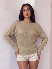 SHEIN Glamour كنزة صوفية محبوكة بخيوط ذهبية بكتف غير متماثل للنساء - لون شمبانيي - مشاهدة 6