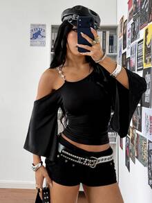 StreetHx Women's Spring Summer Vintage Streetwear Asymmetrical Shoulder Detachable Rhinestone Decor Y2K Clothes - Black - View 4
