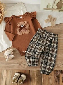 SHEIN Playful Pals 女嬰套裝 時尚簡約長袖荷葉邊連身衣 棕色格紋可愛蝴蝶結休閒褲 春季 - 棕色 - 查看 3
