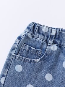 SHEIN 女童波點牛仔套裝 淺藍水洗短版牛仔夾克與直筒牛仔褲 2件組 秋季甜美休閒校園風少女服飾 - 淺色水洗藍 - 查看 6