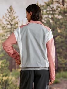Exploreva Women's Outdoor Contrast Color Zipper Half Placket Long Sleeve Regular Jacket - Coral Pink - View 2