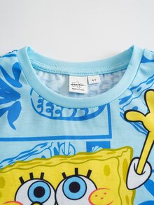 SpongeBob SquarePants | SHEIN Kaos Lengan Pendek Leher Bulat dengan Gambar Kartun Anak Laki-Laki - MultiWarna - View 3