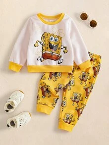 SpongeBob SquarePants | SHEIN 男嬰卡通圖案長袖運動衫與運動長褲休閒日常套裝 - 黃色 - 查看 1