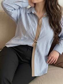 Dazy Plus Office Wear Design Lapel Long Sleeve Blue Striped Button Loose Casual Cotton Shirt - Blue - View 3