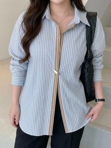 Dazy Plus Office Wear Design Lapel Long Sleeve Blue Striped Button Loose Casual Cotton Shirt - Blue - View 5