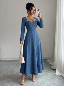 GlowEve Women's Faux Pearl Decor Cinched Waist Long Sleeve Denim Dress - Blue - View 2