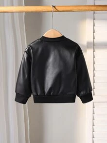 SHEIN Playful Pals 1件幼童男孩PU皮革飛行員夾克，帥氣黑色國王皇冠印花，拉鍊開襟長袖立領，正裝版型，生日秋季假期聖誕外套 - 黑色 - 查看 2
