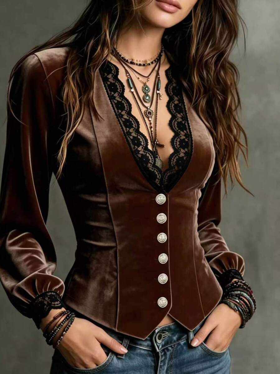 Glimmora Autumn/Winter Women's Fashion Solid Color Exquisite Lace Trim Patchwork Collar Long Sleeve Button Up Blouse - Brown - View 1