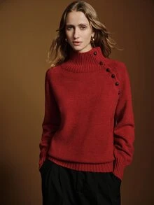 Anewsta Essential Women's New Autumn/Winter Slimming Versatile High Neck Knit Sweater Top - Red - View 1