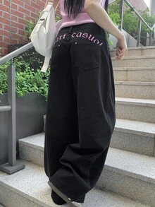 DAZY Contrast Letter Embroidery Loose Curved Leg Jeans Long Pants Casual Street Vacation Korean Style Autumn Winter Women Denim - Dark Grey - View 4