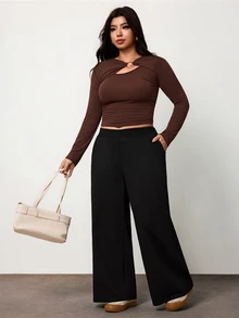 Enliva Plus Size Women's Cotton Blend Sweatpants High Waist Wide Leg Lounge Pants With Side Pockets,Apple,Rounded Body - Black - View 4