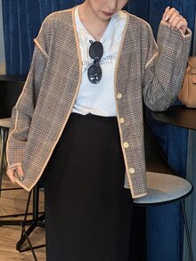 FRIFUL 女款格紋休閒百搭日常長袖夾克 - 卡其色 - 查看 4