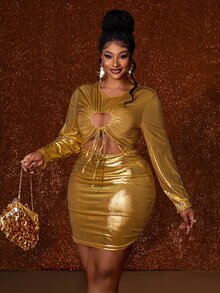 Maweii Plus Size Women Sexy Fashion New Party Short Bodycon Bodycon Dress Fall - Gold - View 3