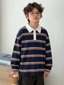 DAZY 青少年男孩條紋拼接休閒日常長袖T恤 - 藏蓝色 - 查看 3