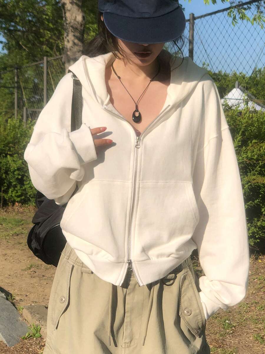 DAZY 女款純色寬鬆保暖內裡拉鍊連帽衛衣 長袖休閒街頭風度假春秋款 - 白色 - 查看 1