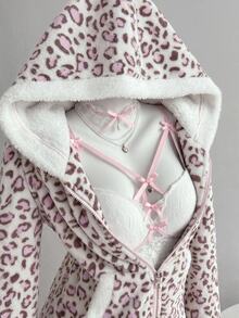 Elamini 秋冬女款休閒對比色粉色法蘭絨抓絨內裡豹紋收腰拉鍊修身柔軟返校居家長袖運動衫上衣 - 彩色 - 查看 1