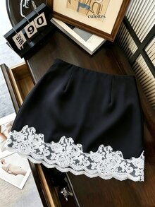 Muvela Women's Solid Color Lace Patchwork Fashion Short Skirt - Black - View 2