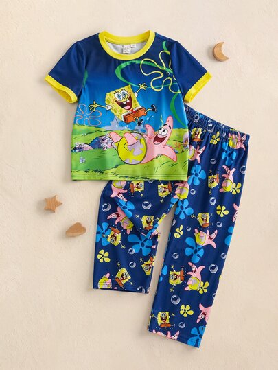 SpongeBob SquarePants | SHEIN Young Boy Cartoon Print Short Sleeve Top And Long Pants Loungewear Set
