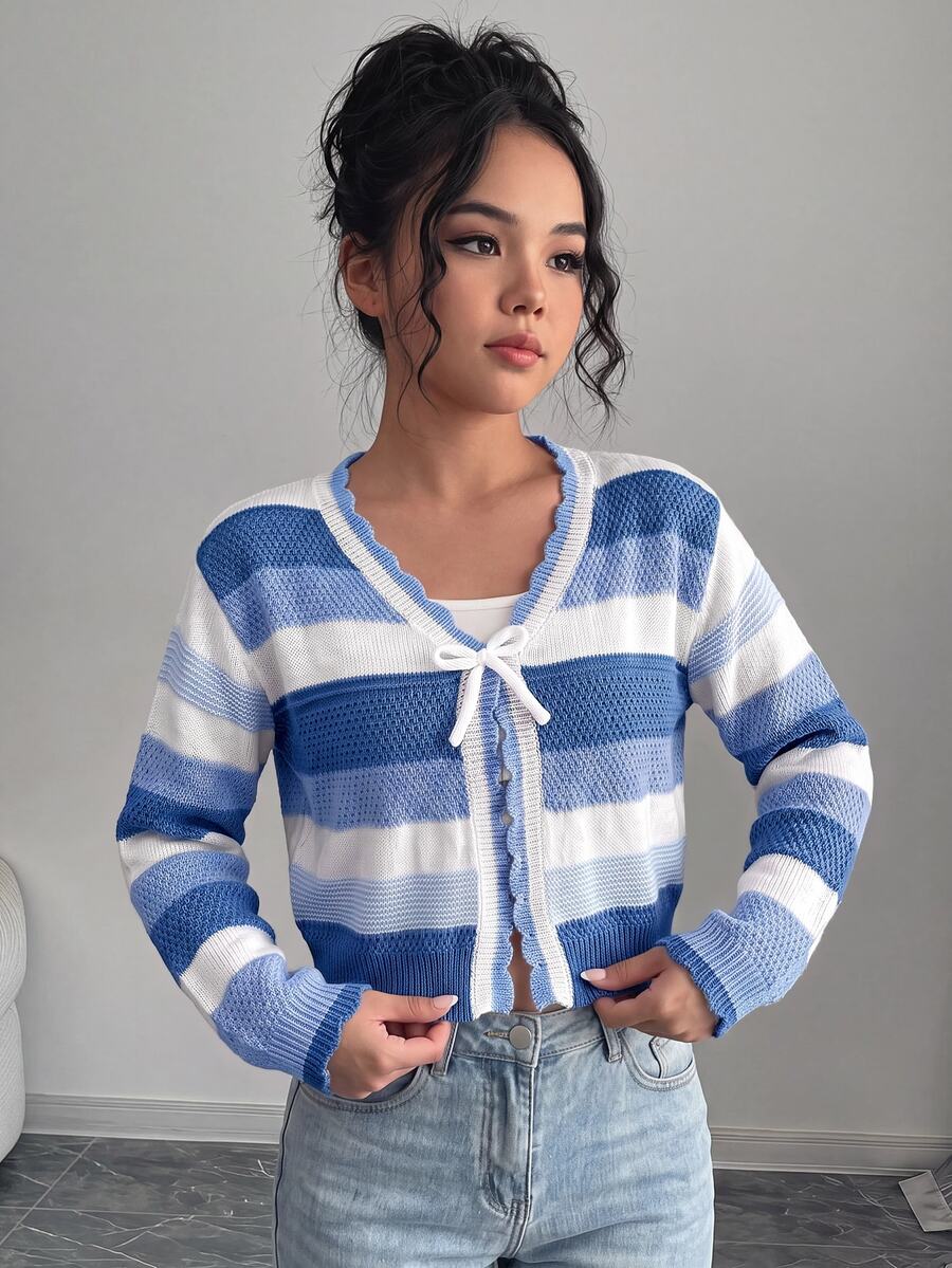SHEIN 少女鏤空條紋彩色針織開襟衫,休閒街頭風,度假海灘、派對場合適用,舒適百搭柔軟,秋冬穿搭 - 藍色 - 查看 1