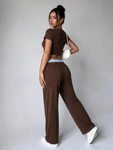 Dewbera Dewbera Women's High Elastic Brown & Blue Color Block Polka Dot Wide Leg Sports Pants For Yoga, Workout, Fitness, Running - Brown - View 6