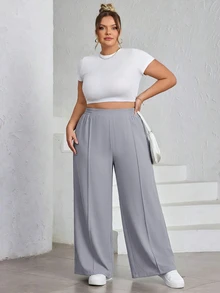 SHEIN CURVE+ 大尺碼女款純色百褶褲，黑色寬鬆寬腿褲，Curve Plus，Hoho Vacation - 灰色 - 查看 4