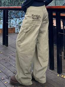Dazy Plus Blogger Style Casual Loose Embroidered Letter Korean Loose Fit Denim Jeans - Khaki - View 1