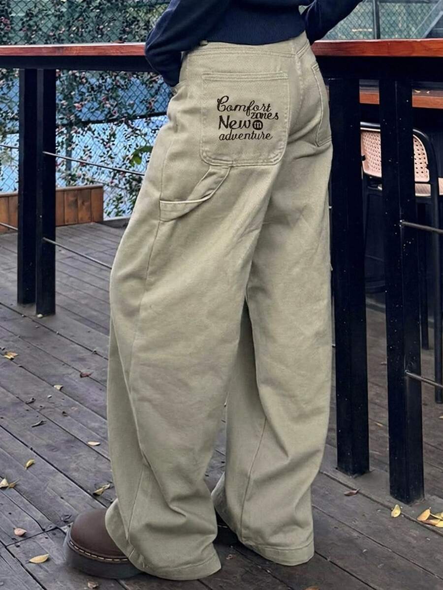 Dazy Plus Blogger Style Casual Loose Embroidered Letter Korean Loose Fit Denim Jeans - Khaki - View 1