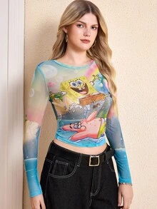 SpongeBob SquarePants | SHEIN 女款卡通印花休閒日常長袖上衣 - 淺藍色 - 查看 5