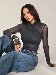 SHEIN PETITE 女款性感純色網紗包覆式連身衣，透視長袖，適合外出、夜生活、夜店，炭灰色，夏季 - 深灰色 - 查看 8