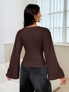 SHEIN Tall 女款簡約百搭純色長袖上衣，適合日常穿著 - 棕色 - 查看 8