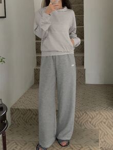 DAZY Women's Striped Long Sleeve Top And Pants Casual Daily Loungewear Set - Grey - View 5