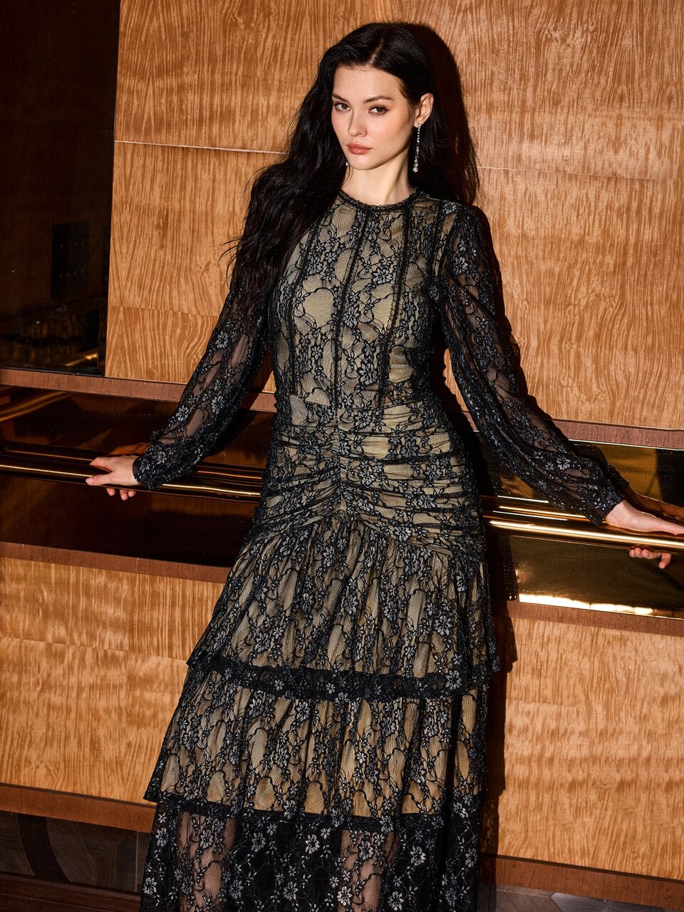 MOTF WOMEN'S AUTUMN/WINTER LACE LAYERED DESIGN LONG A-LINE DRESS