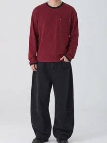 DAZY Spring Autumn Dark Gray Long Sleeve Cuffed Cuff Design Chest Rivet Decor Men's T-Shirt - Burgundy - View 4